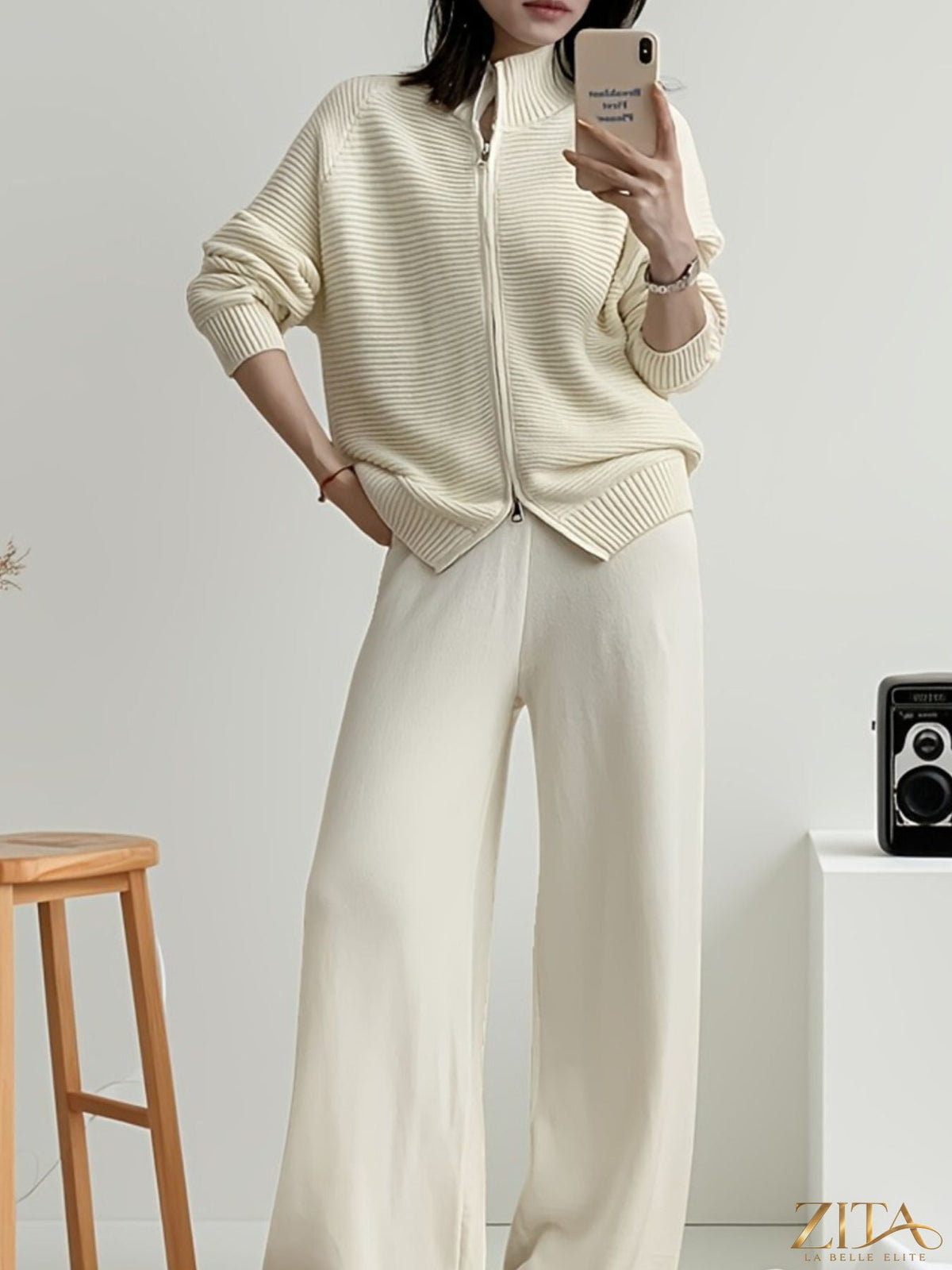 Zita La Belle Elite casual knit zip-up cardigan and wide-leg pants set, modeled in a relaxed fit, soft fabric, and neutral color.