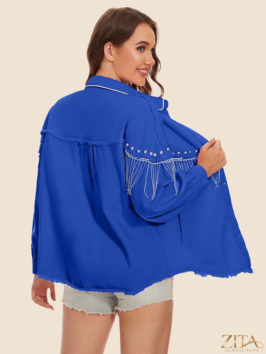 Zita La Belle Elite raw hem denim jacket with fringe detail, featuring distressed edges and classic blue denim style.