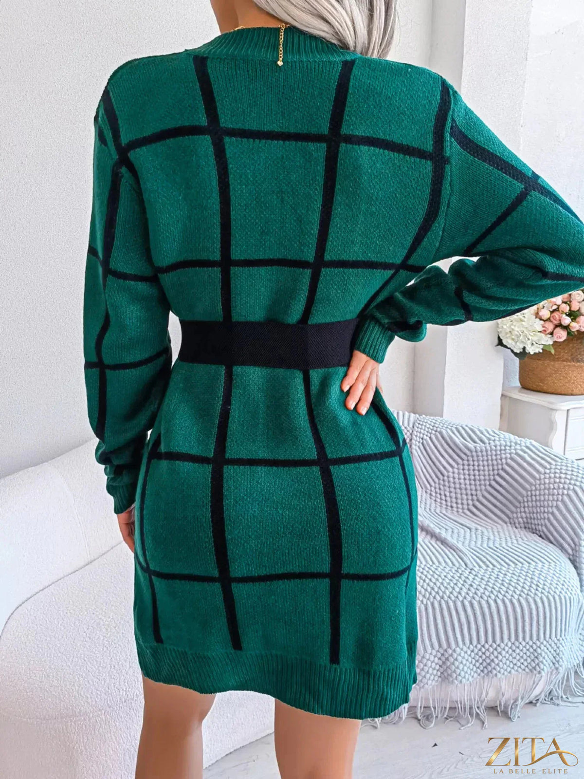 Zita La Belle Elite plaid pattern long sleeve sweater dress with a fitted silhouette and crew neckline, shown on a model.