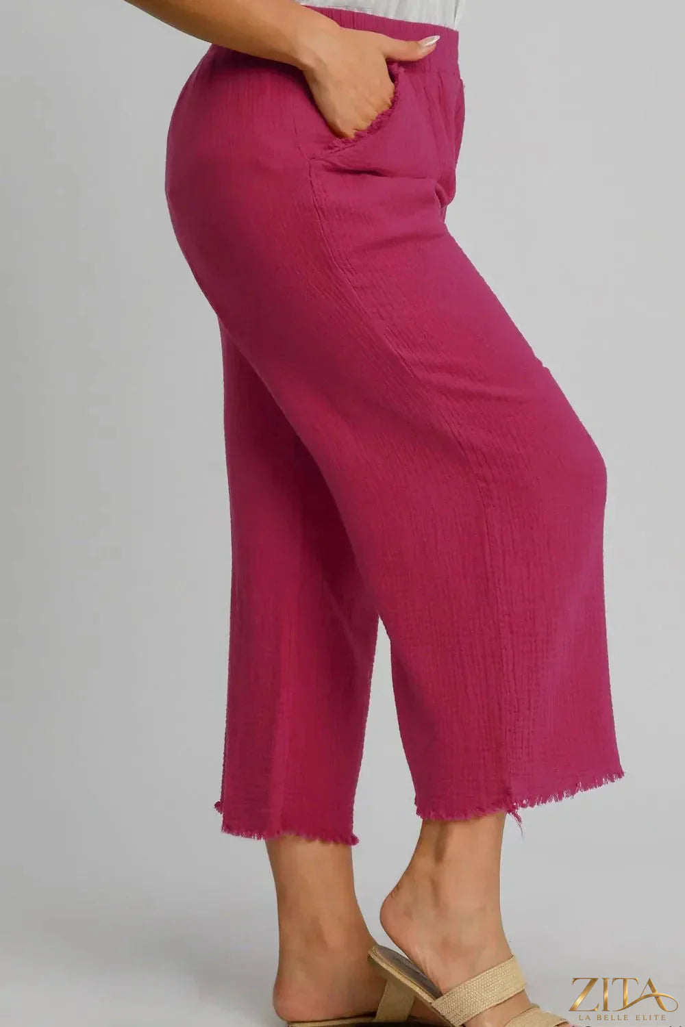 Zita La Belle Elite Umgee plus size wide leg pants with raw hem, elastic waist, and relaxed fit, perfect for casual wear.
