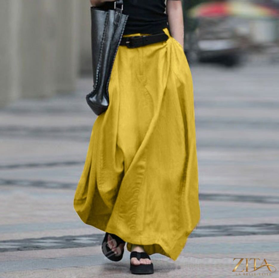 Zita La Belle Elite high-waist flared linen maxi skirt with pockets, featuring a flowing design and casual style.