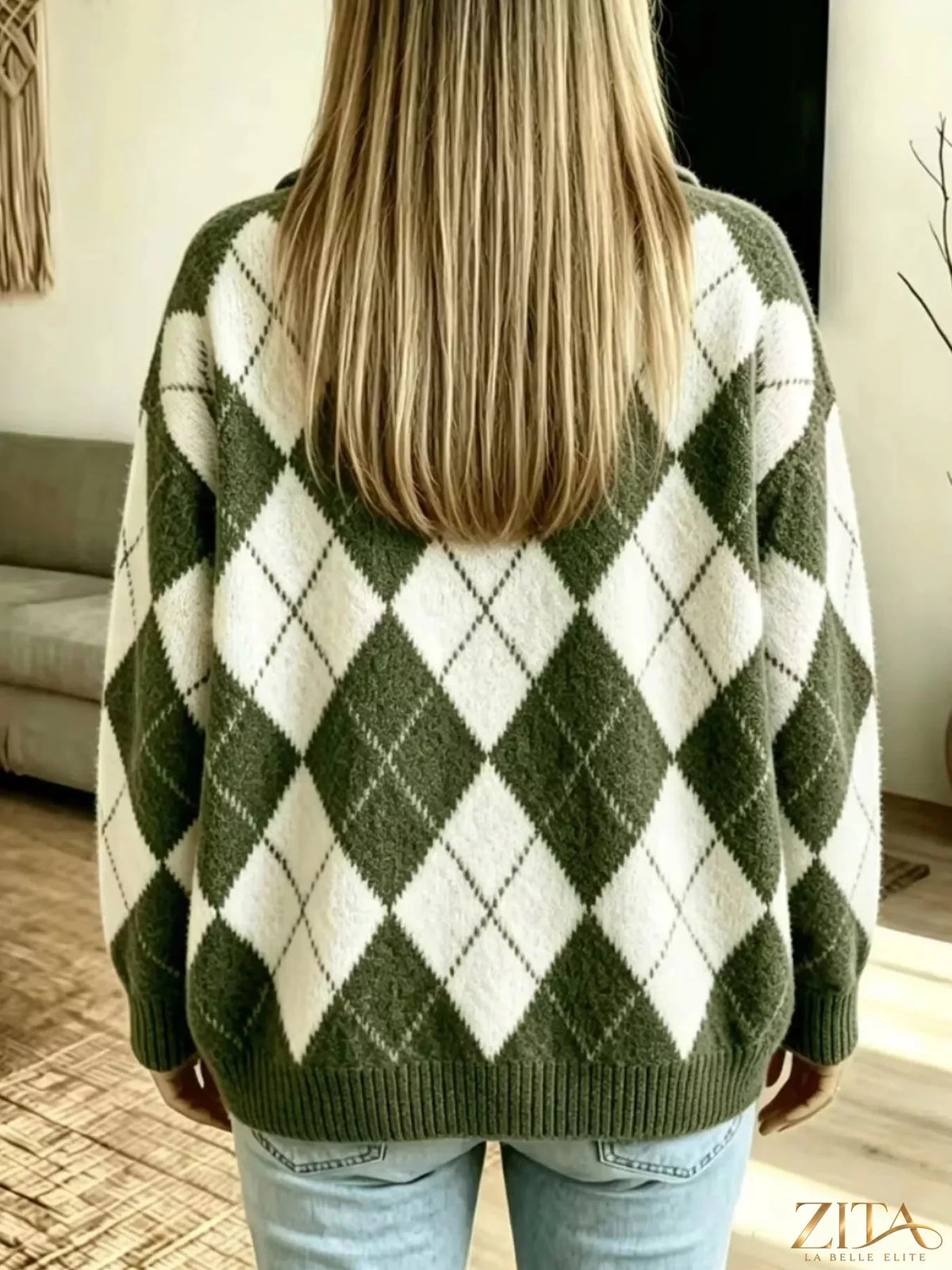 Zita La Belle Elite argyle pattern collared pullover sweater in classic knit with a button-up collar and multi-color diamond design.