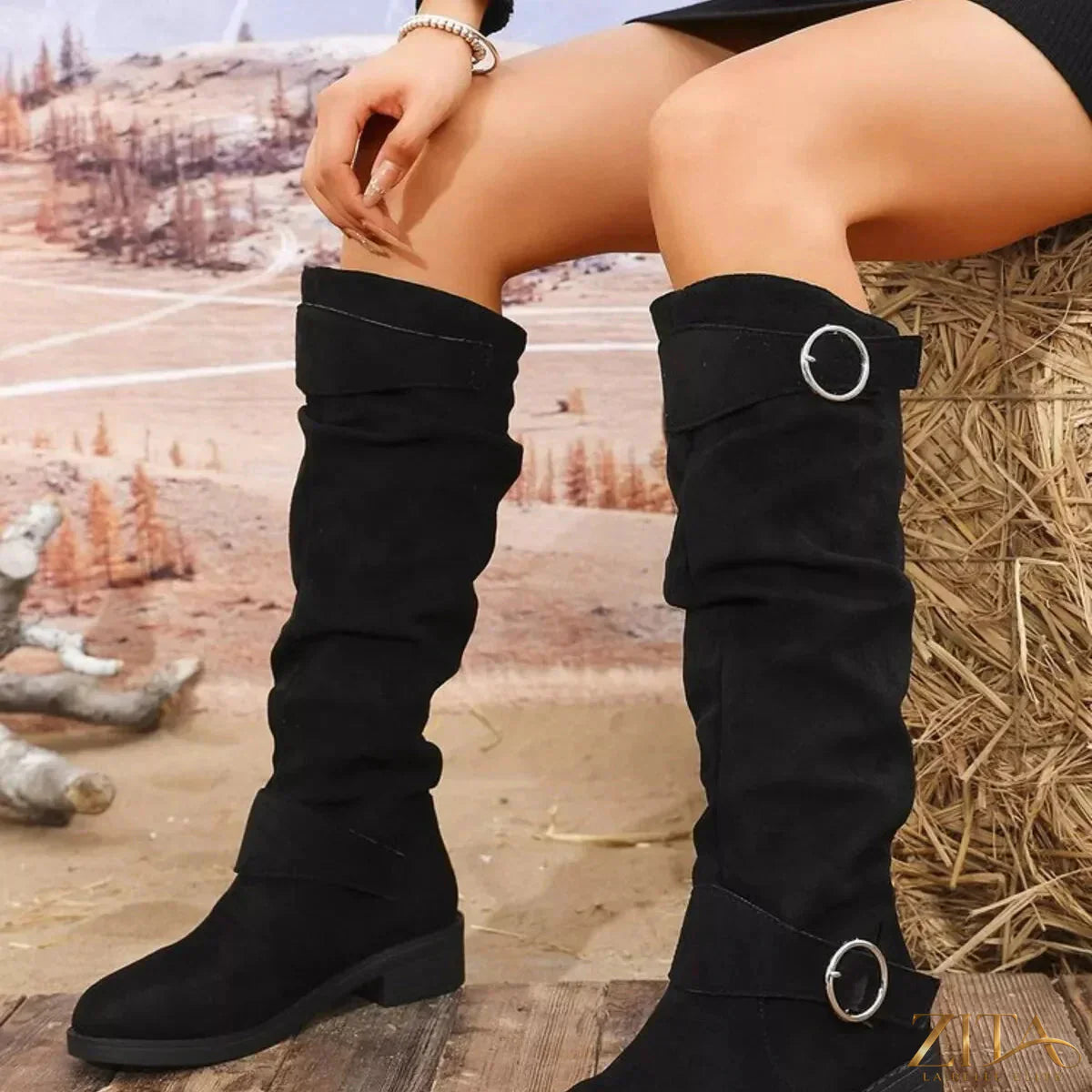 Zita La Belle Elite block heel boots with buckle detail, featuring a stylish design and sturdy heel for fashionable footwear.