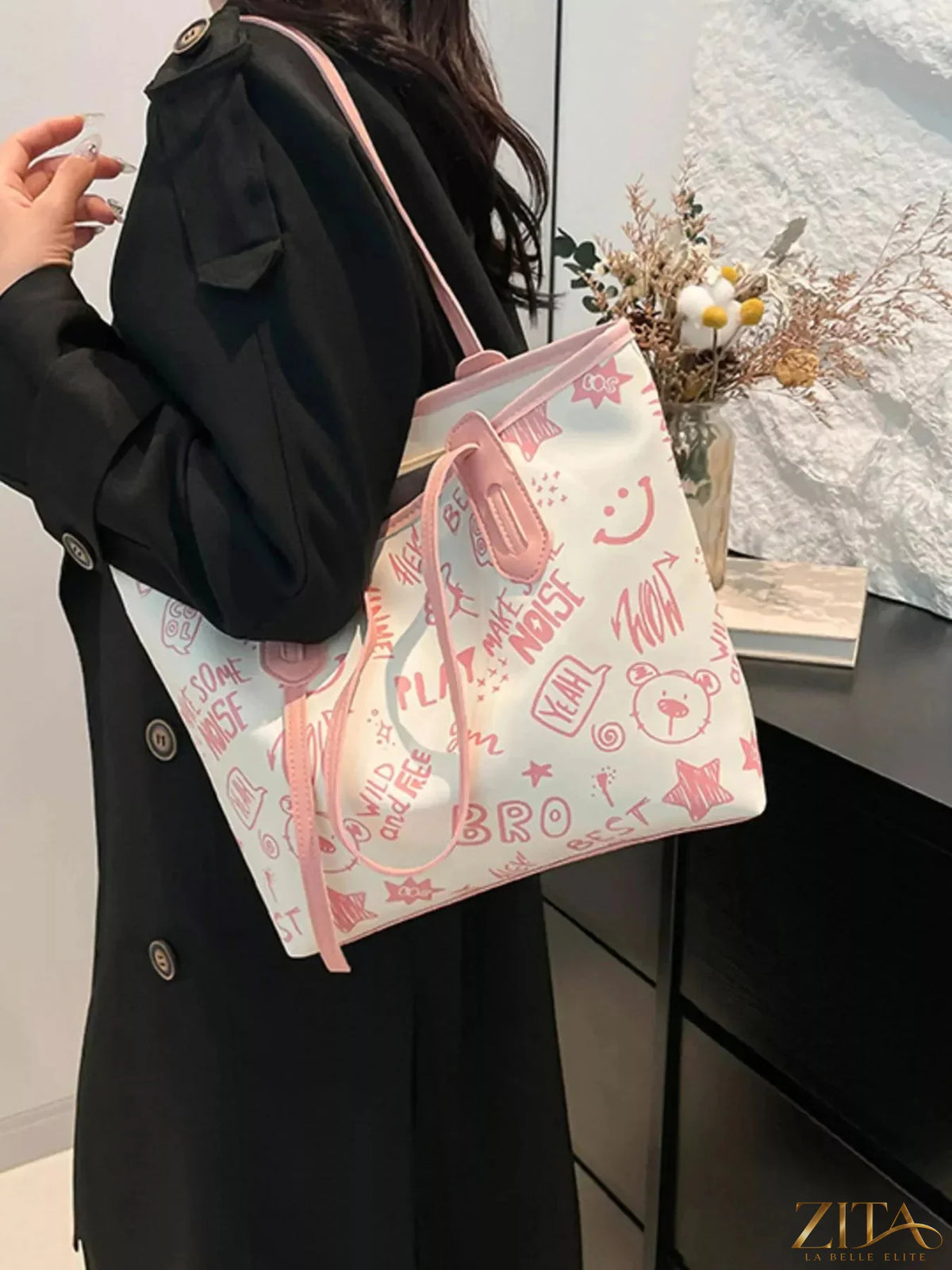 Zita La Belle Elite graffiti print casual tote bag with vibrant colorful graffiti artwork and sturdy fabric handles.