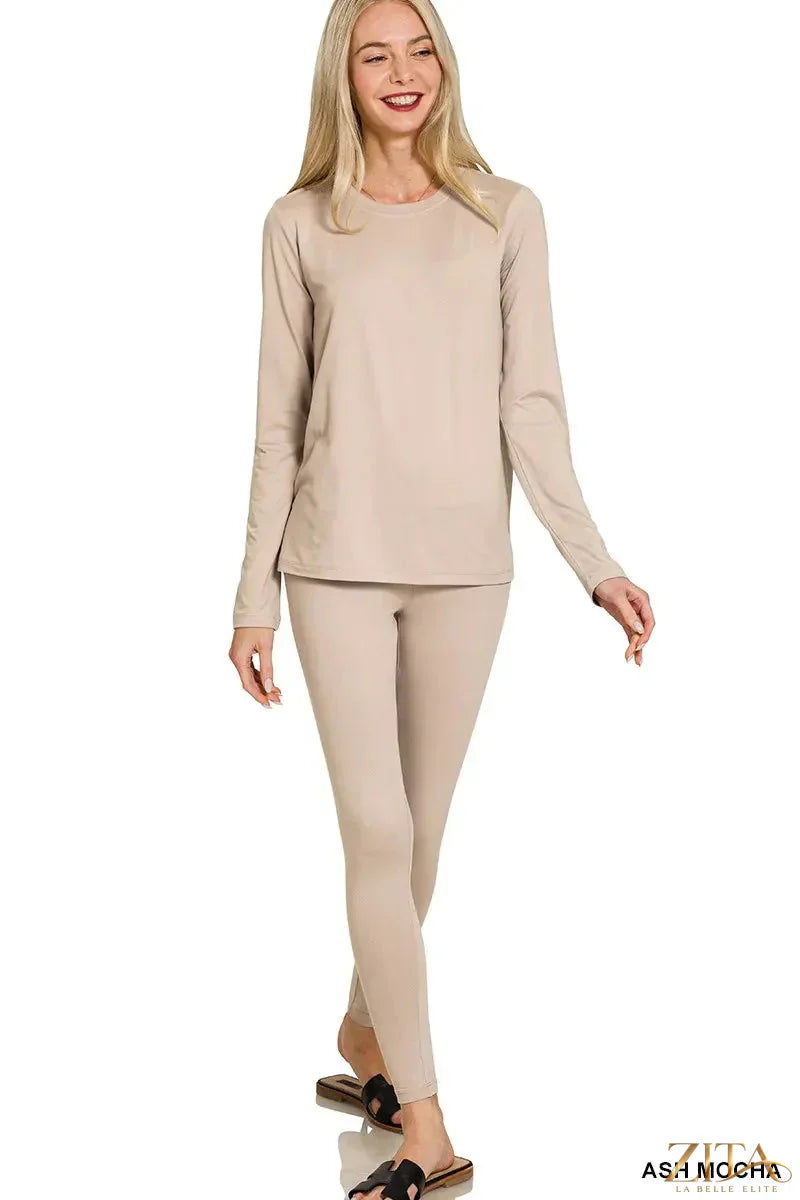 Zita La Belle Elite Zenana microfiber round neck top and leggings set in soft fabric, shown in a stylish casual outfit.