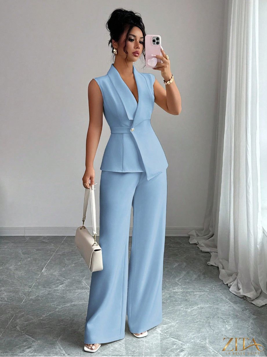 Zita La Belle Elite women's peplum sleeveless blazer and wide-leg pants two-piece set, stylish formal outfit for women.
