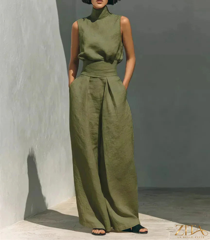 Plus size Zita La Belle Elite sleeveless turtleneck top and wide-leg pants set, full-length, stylish and comfortable ensemble.