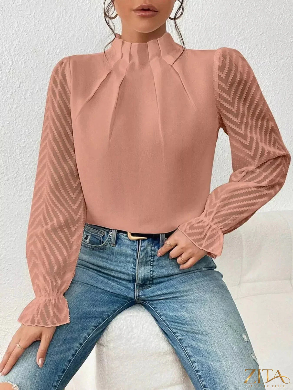 Zita La Belle Elite mock neck blouse with sheer lace sleeves and elegant design, stylish and feminine for sophisticated fashion.