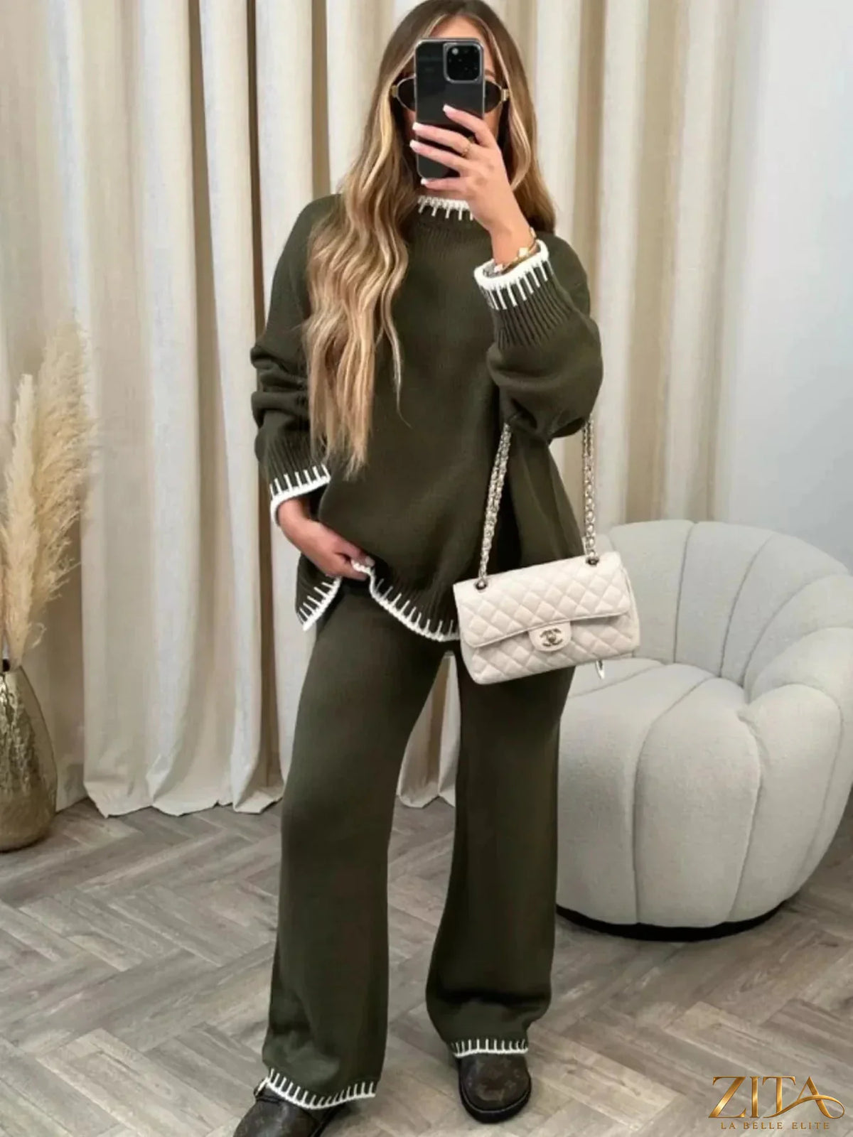 Zita La Belle Elite contrast trim round neck top and pants sweater set, soft knit fabric, stylish loungewear with matching pieces.