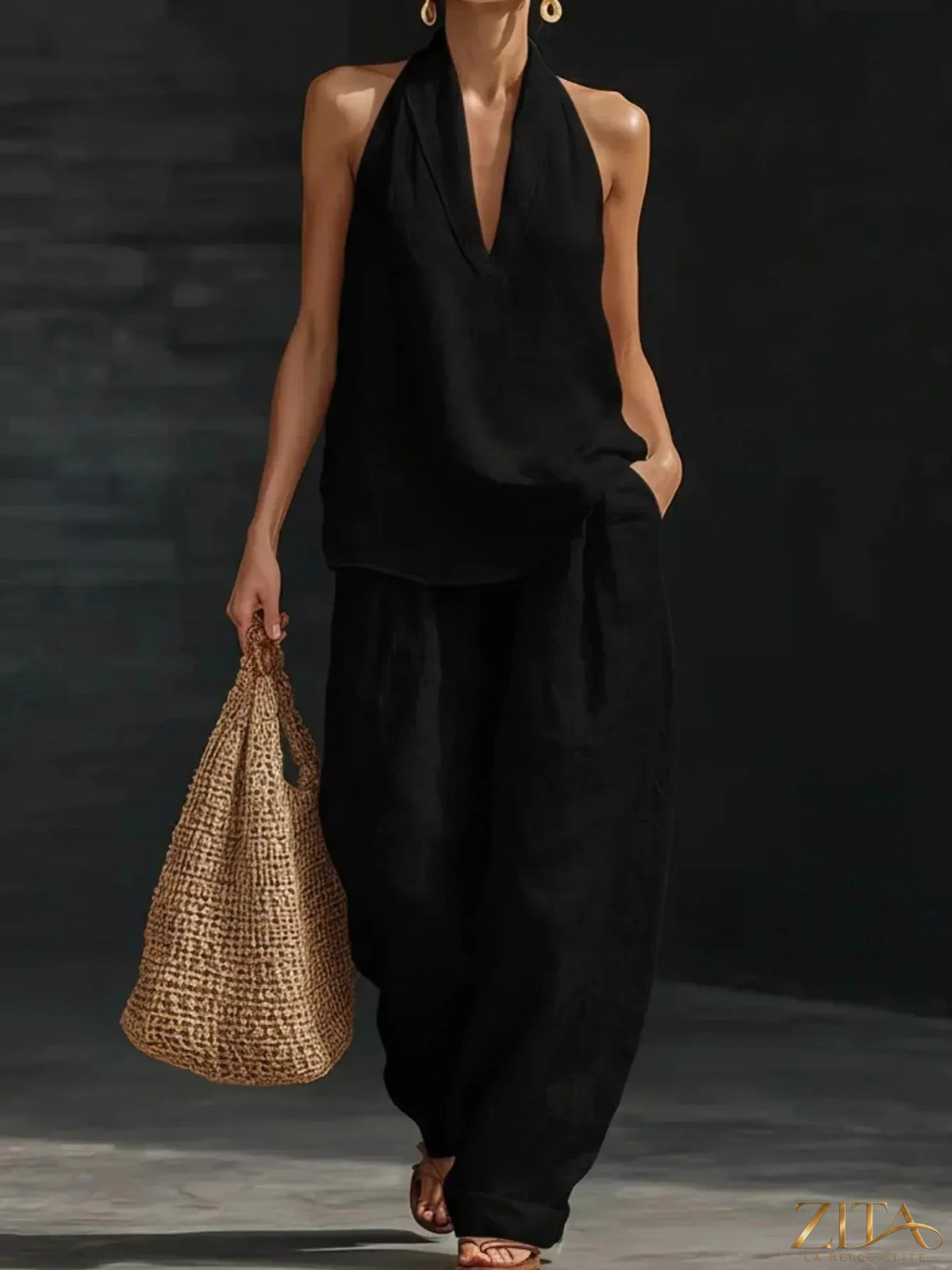 Plus size Zita La Belle Elite halter neck top and wide-leg pants set, featuring stylish, comfortable fashion for women.