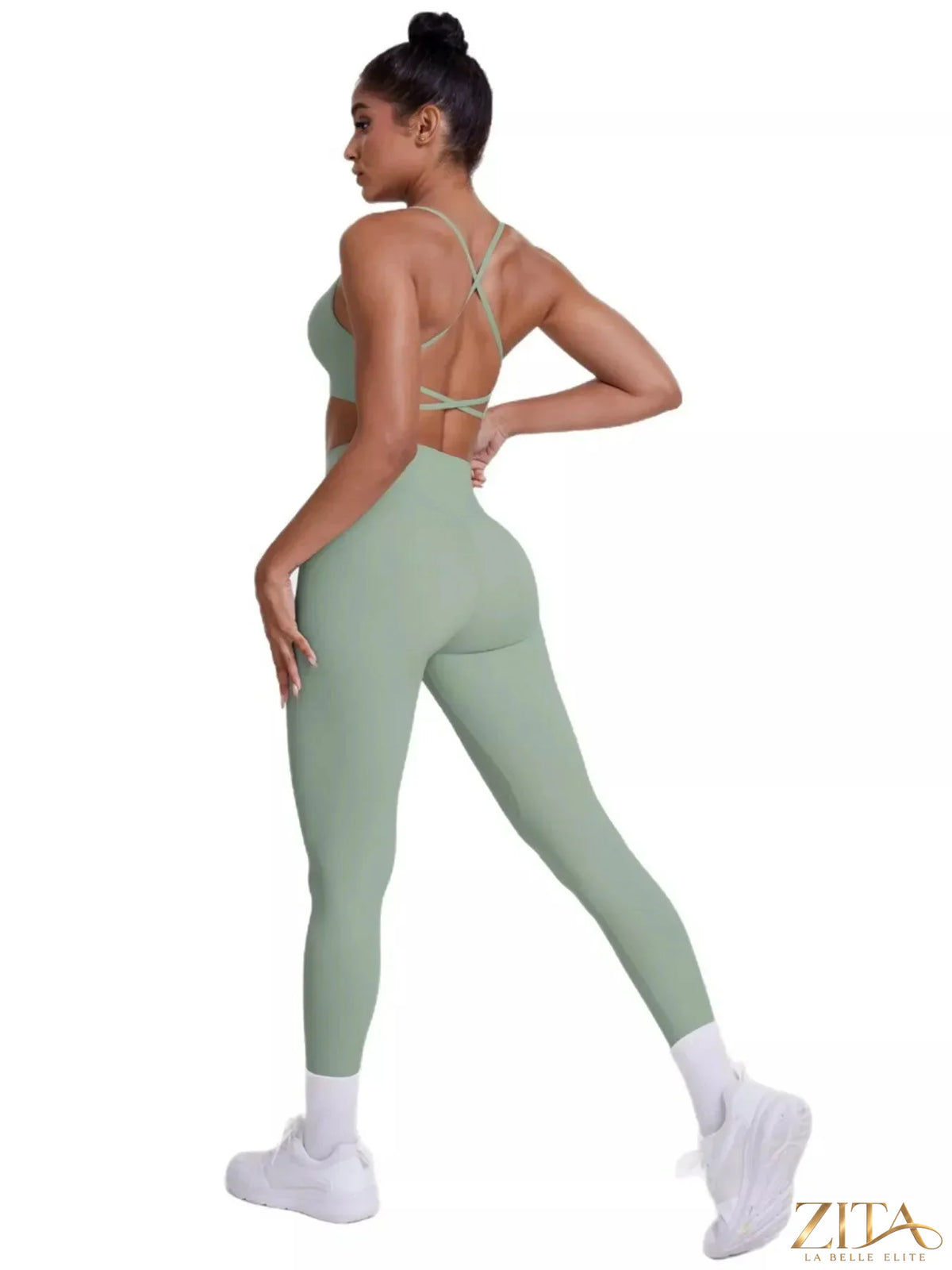 Zita La Belle Elite criss-cross back cami top and matching black leggings active set on a model, athletic wear for workout or yoga.