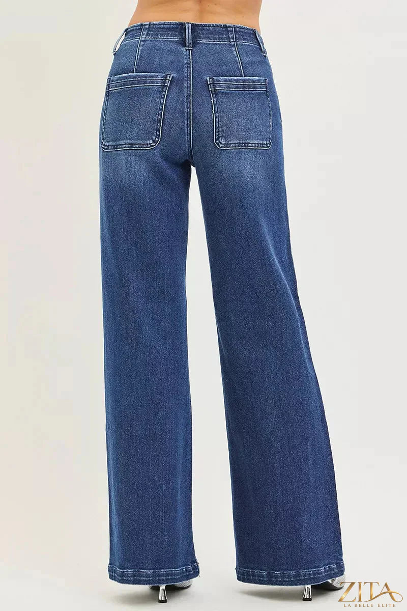 Zita La Belle Elite RISEN high-rise wide-leg jeans with slanted pockets, denim fabric, and relaxed fit.