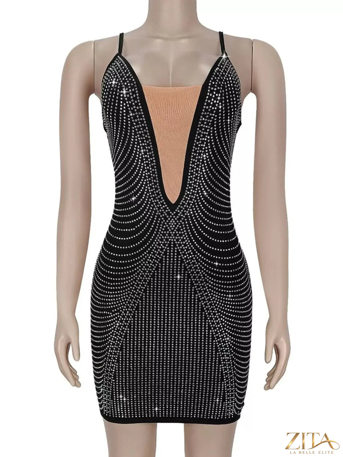 Shimmering rhinestone spaghetti strap mini dress by Trendsi with a fitted silhouette and sparkling embellishments.