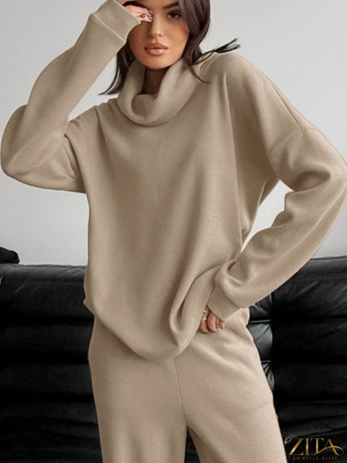 Trendsi turtleneck long sleeve top and matching pants set in a cozy, fitted style, shown in a neutral color.