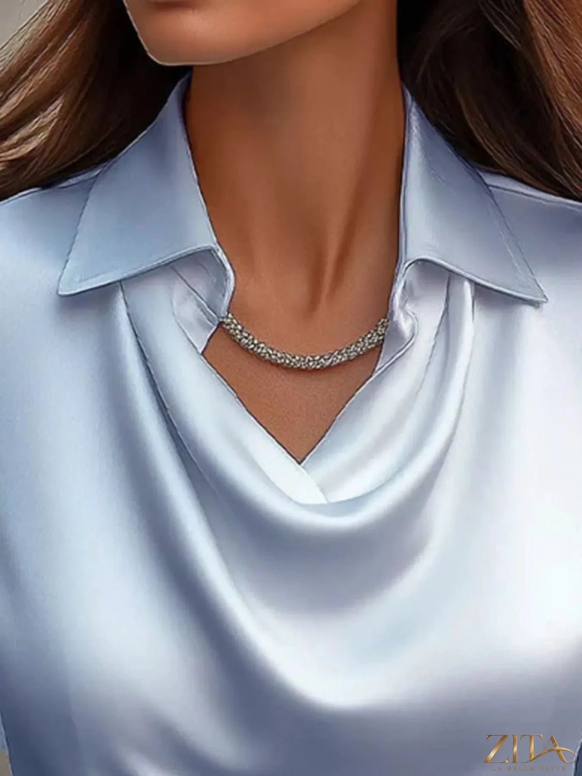 Full size satin cowl neck long sleeve blouse by Zita La Belle Elite, featuring a smooth satin fabric and elegant drape.