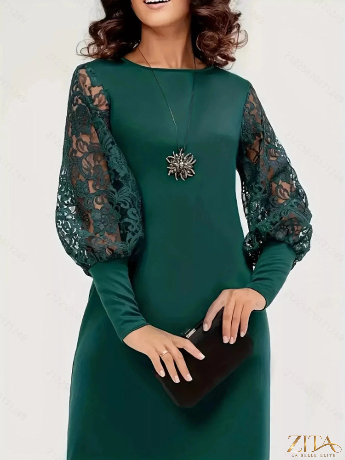 Lace lantern sleeve dress in soft fabric with intricate lace detailing, stylish and elegant for special occasions.