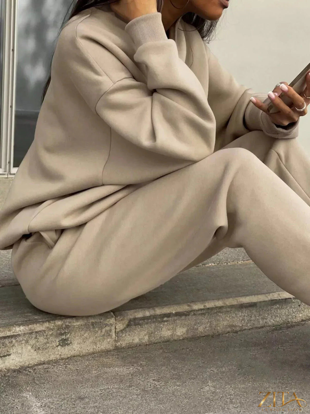 Zita La Belle Elite half zip sweatshirt and matching pants set in comfortable fabric, shown in a casual, relaxed fit.