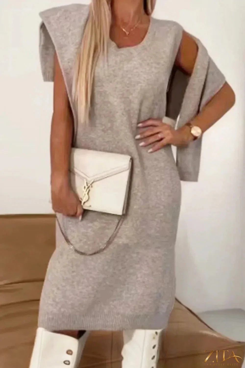 Zita La Belle Elite two-piece turtleneck dropped shoulder sweater and dress sweater set, in cozy knit fabric, styled on a mannequin.