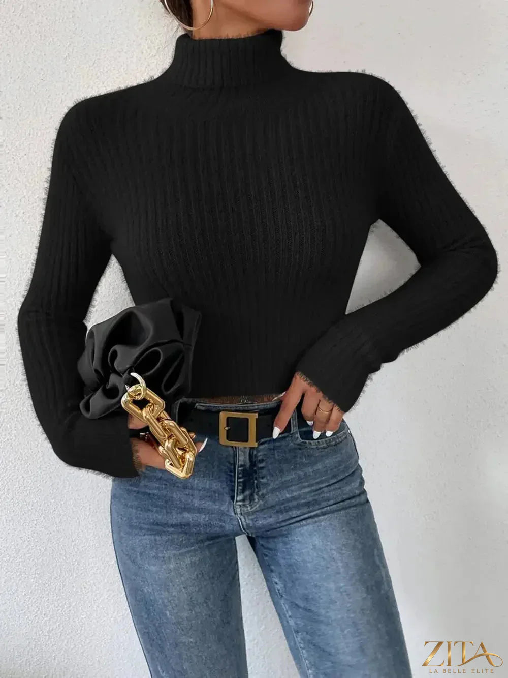 Ribbed turtleneck long sleeve sweater in neutral color, stylish and cozy, from Trendsi.