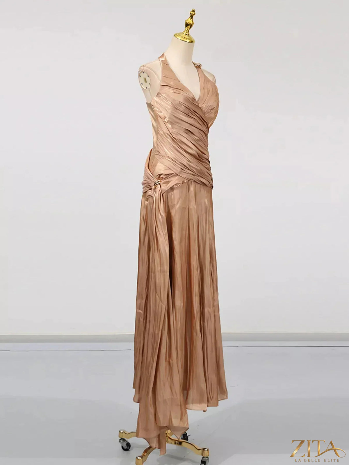 Zita La Belle Elite halter neck ruched maxi dress in flowing fabric, featuring a fitted bodice and elegant design.