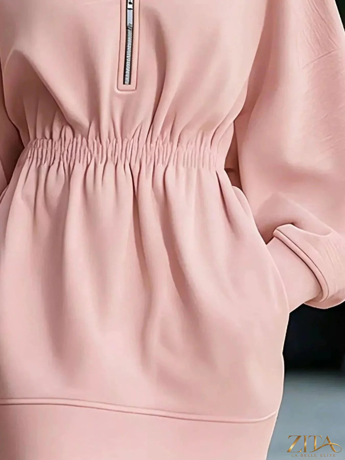 Zita La Belle Elite casual hooded quarter-zip sweatshirt dress in soft fabric, with a relaxed fit and front zipper detail.
