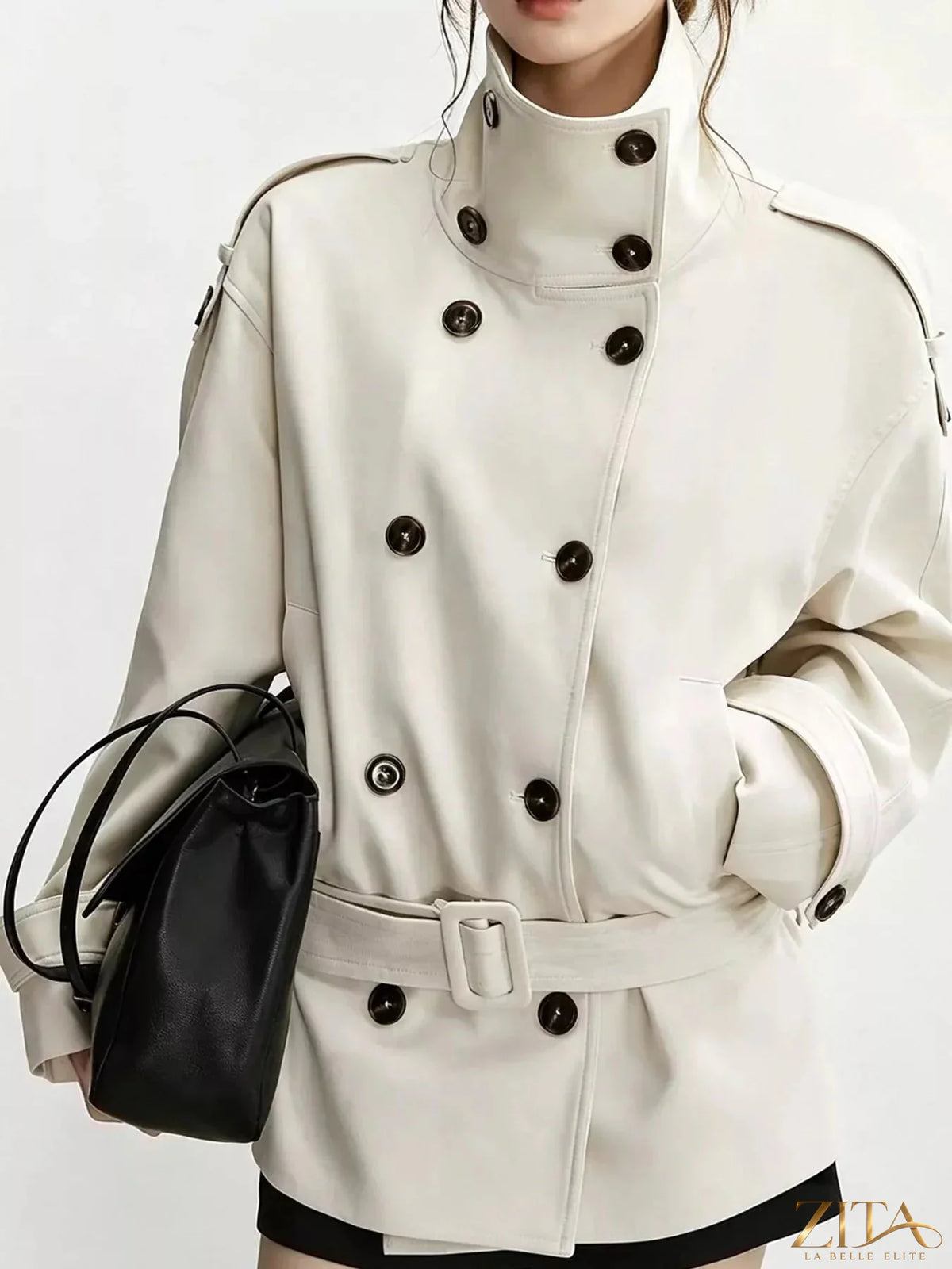 Zita La Belle Elite double-breasted turtleneck trench coat in neutral color, showcasing the stylish outerwear design and fabric details.