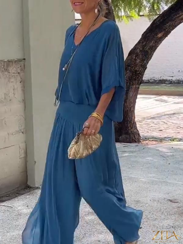 Zita La Belle Elite solid-color chiffon two-piece casualwear set in various colors, featuring a relaxed fit and comfortable fabric.