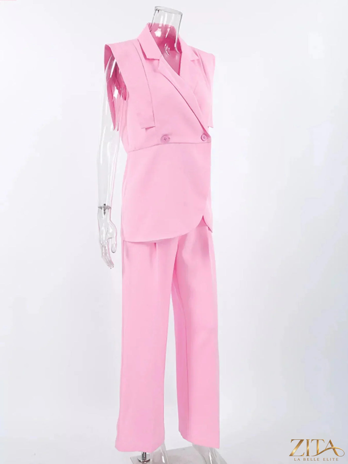 Zita La Belle Elite sleeveless blazer and wide-leg pants two-piece set, stylish formal outfit on a model.