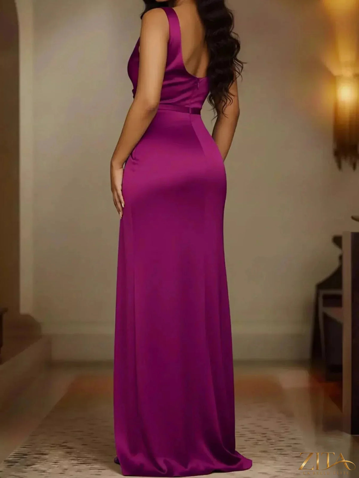 Plus size satin cowl neck evening maxi dress with high slit by Zita La Belle Elite, featuring a flowing silhouette and elegant design.