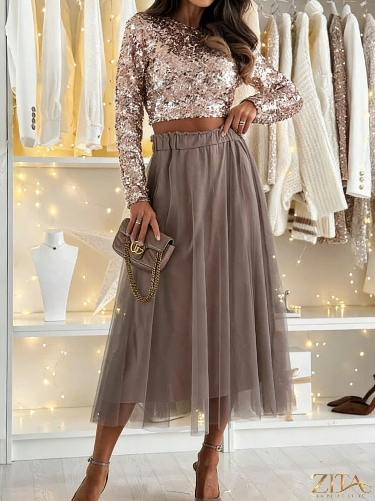 Light pink Tulle A-Line Midi Skirt from Trendsi featuring soft, layered tulle fabric and a flowy, elegant silhouette.
