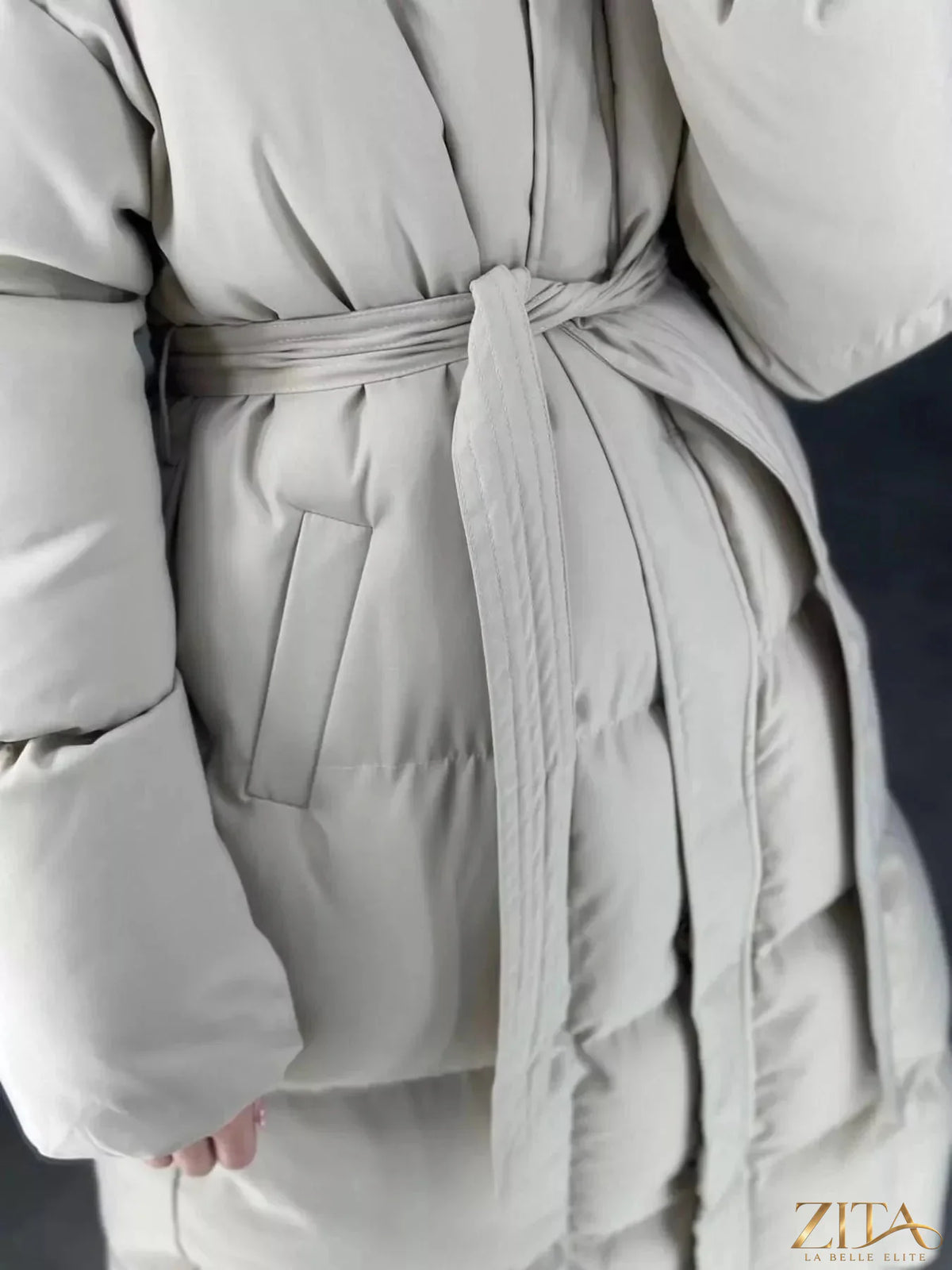 Zita La Belle Elite longline padded winter coat with belt, black, featuring a high collar and quilted design for warmth.