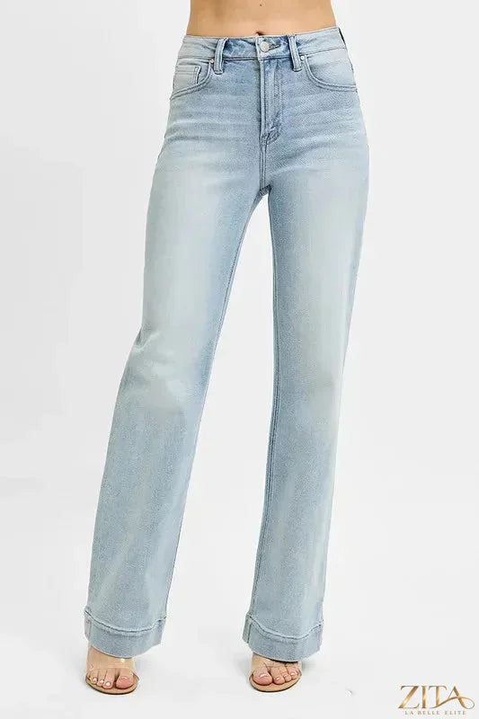 Zita La Belle Elite RISEN full size run high rise straight jeans in dark denim, displayed on a hanger with visible stitching and pockets.