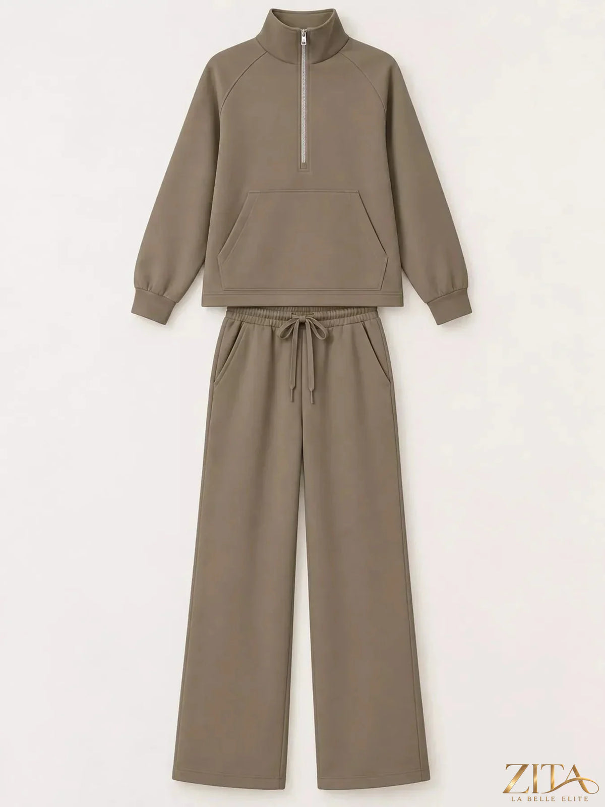 Zita La Belle Elite half-zip sweatshirt and wide-leg pants set in soft fabric, shown in a relaxed fit with neutral tones.