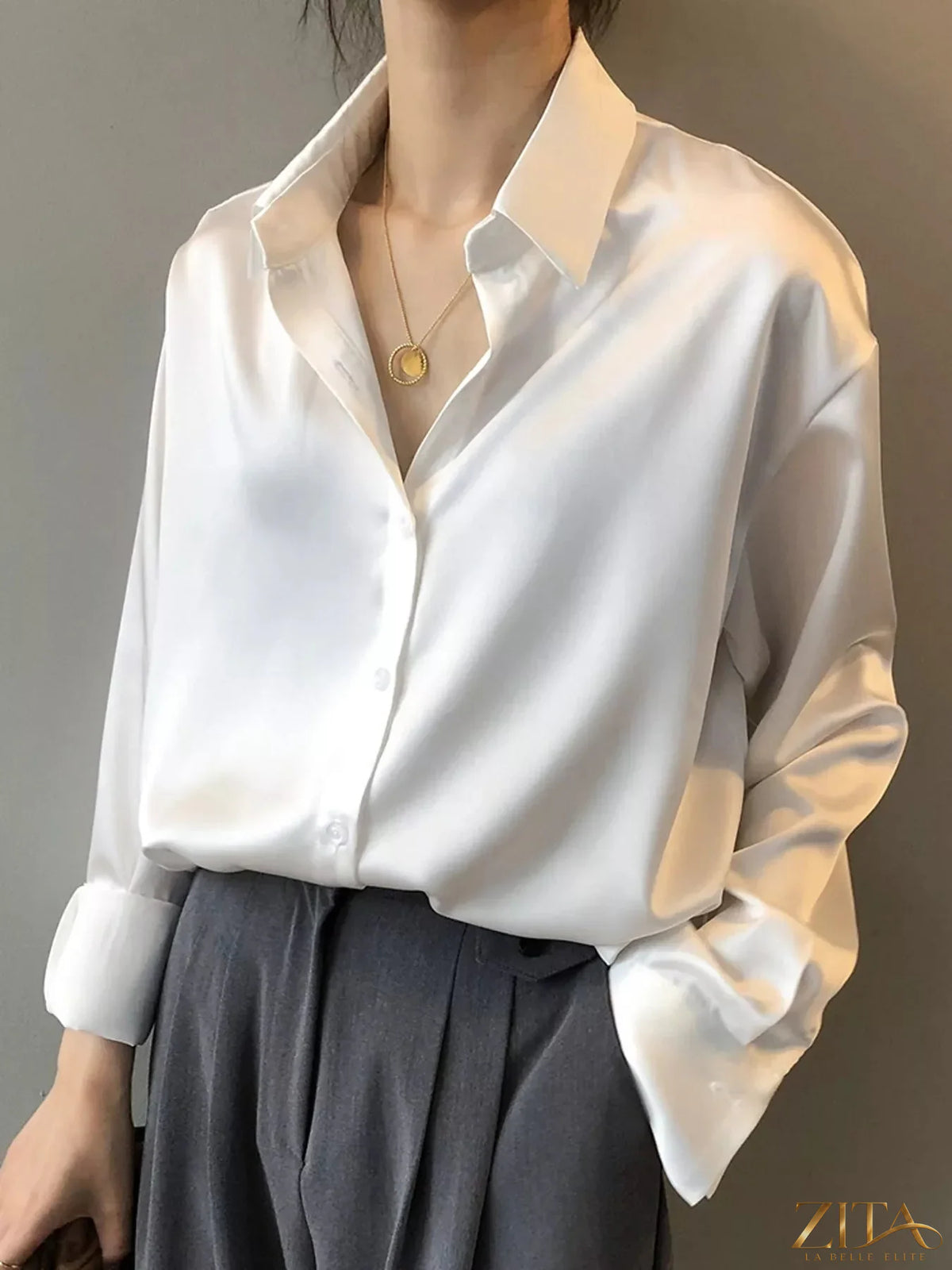 Zita La Belle Elite satin button-down long sleeve shirt in elegant finish, featuring a classic collar and sleek design.