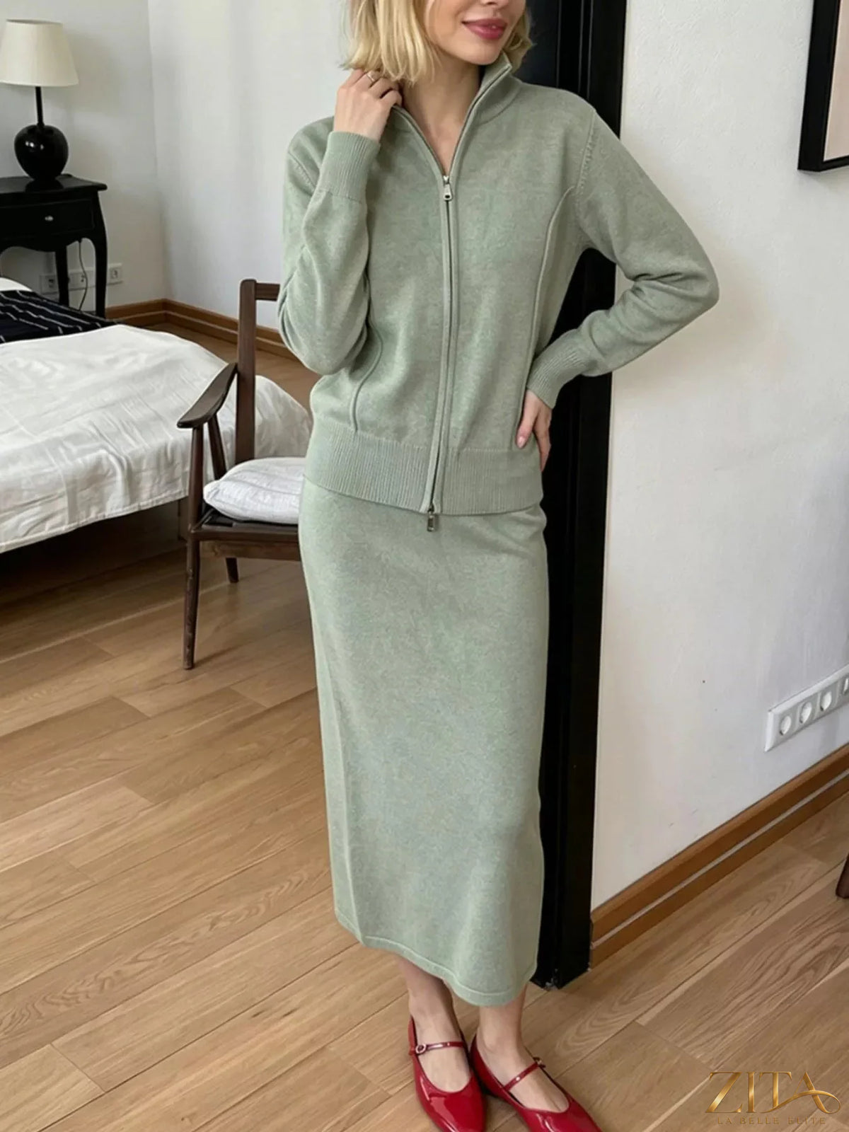 Zita La Belle Elite zip-up mock neck cardigan and matching midi skirt sweater set displayed on a model.
