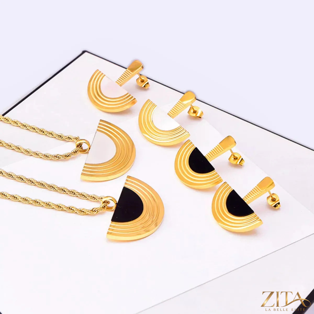 Set of 18K gold-plated half-circle necklace, ring, and earrings by Zita La Belle Elite featuring elegant, minimalist jewelry design.