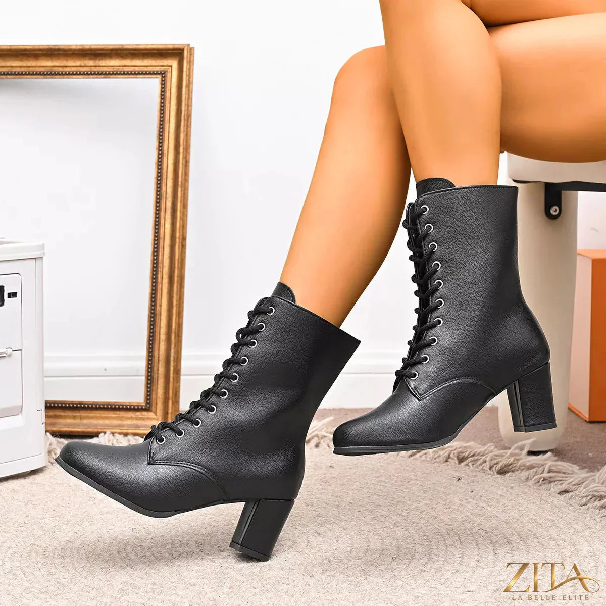 Zita La Belle Elite round toe block heel boots in black leather with sturdy block heel and sleek design.