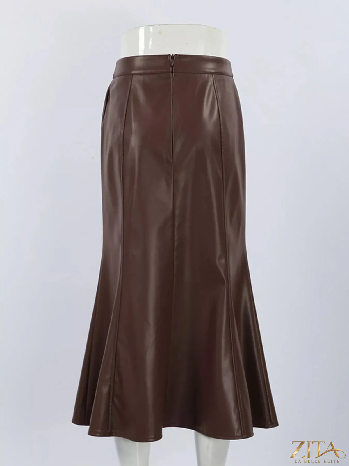 Zita La Belle Elite slit mermaid midi skirt in flowing fabric, showcasing its fitted waist and dramatic flared hem.