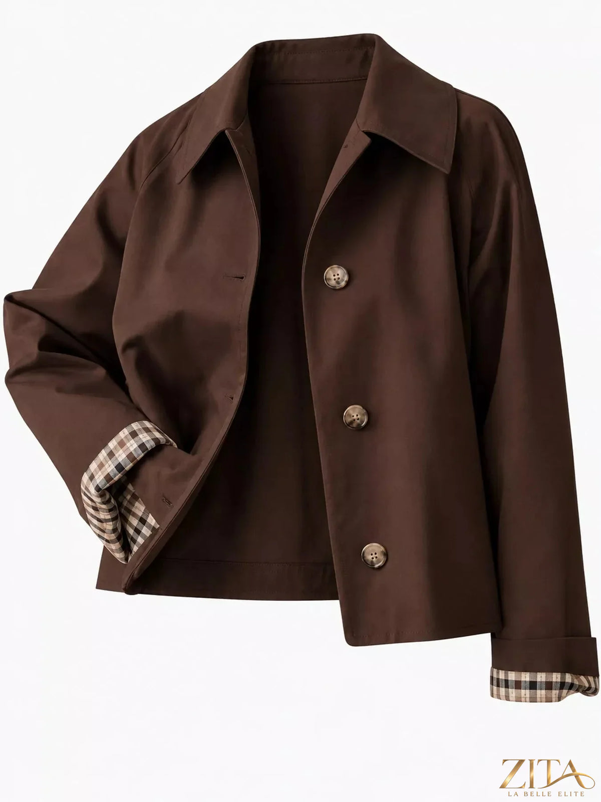 Zita La Belle Elite plaid cuffs cropped trench coat with button details and stylish outerwear design.