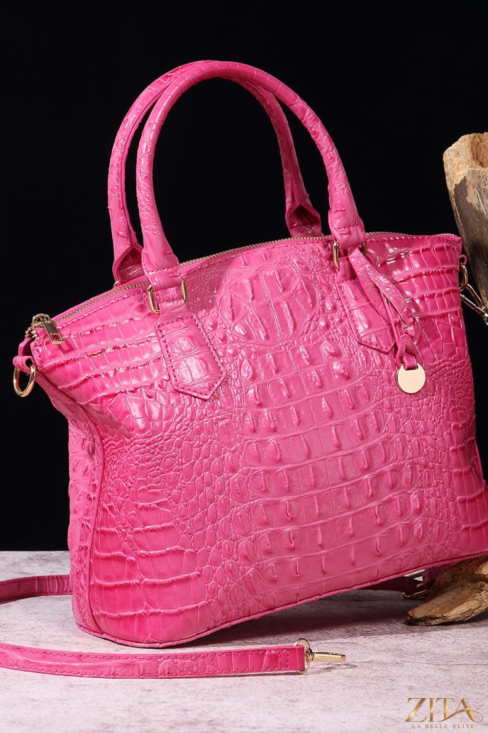 Zita La Belle Elite PU leather handbag with gold hardware and structured design, featuring top handles and a sleek, stylish look.