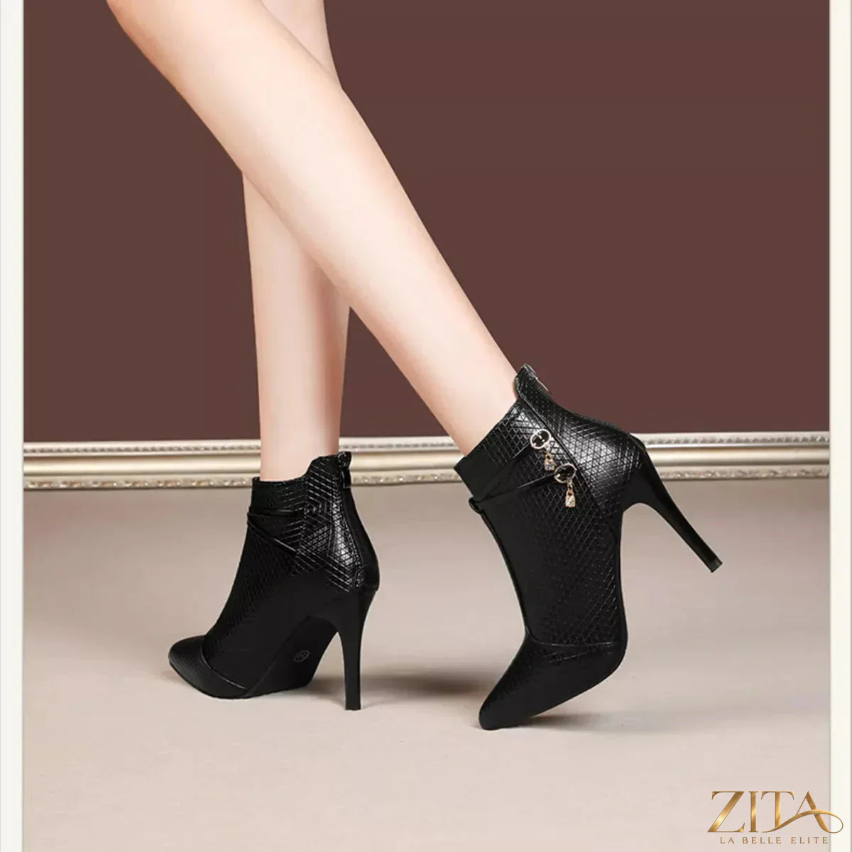 Zita La Belle Elite pointed-toe stiletto ankle boots in black leather with sleek design and high heels.