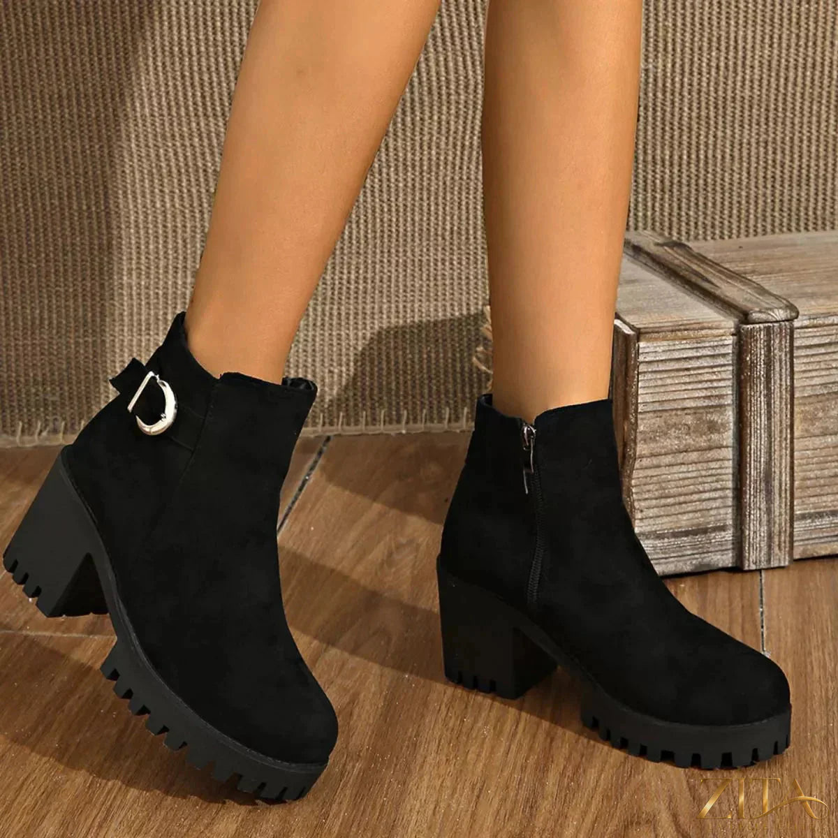 Zita La Belle Elite round toe block heel boots with sleek black leather, stylish ankle-length design, and sturdy heel.
