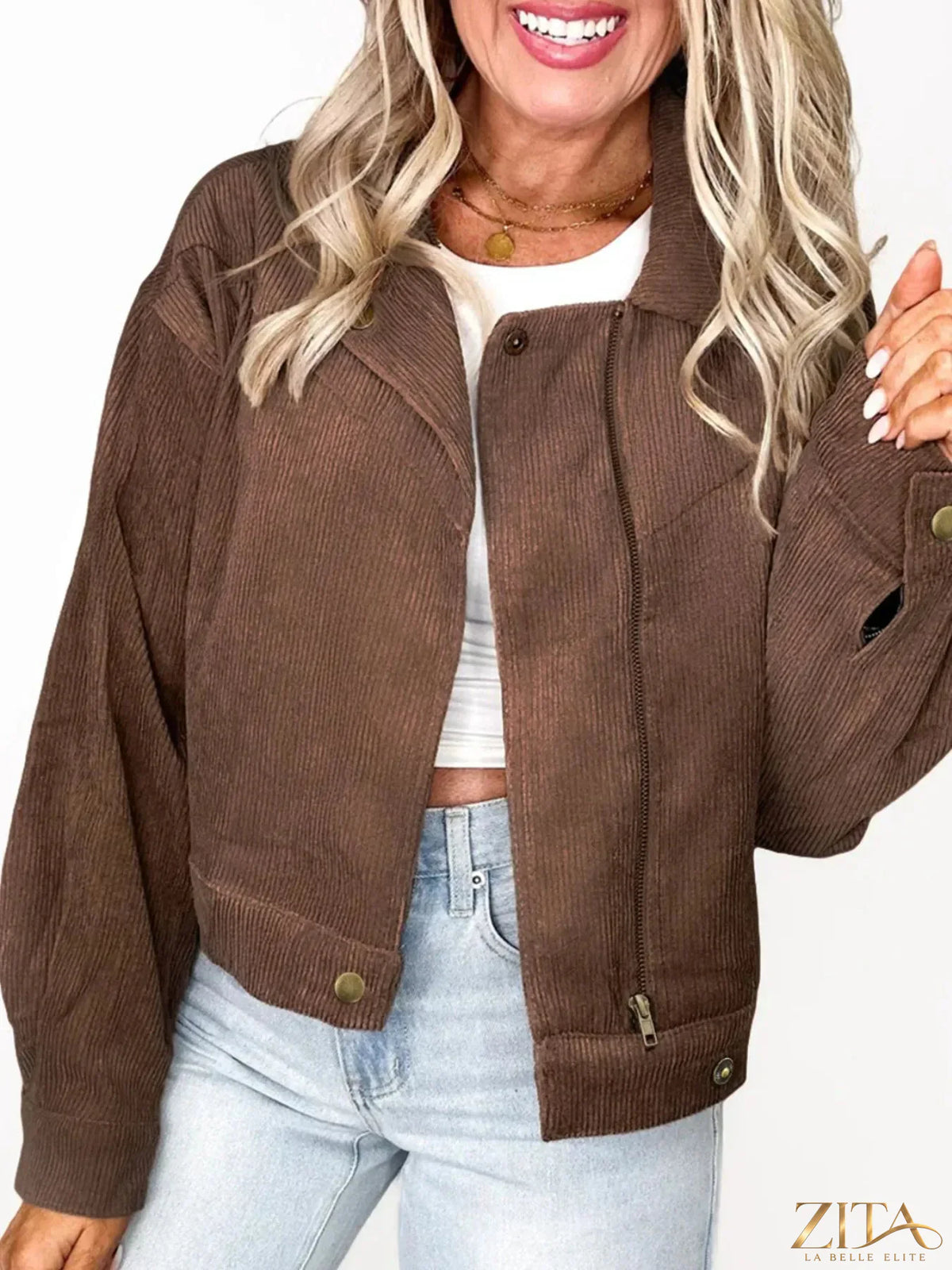 Zita La Belle Elite corduroy cropped bomber jacket with ribbed cuffs and collar, shown in a stylish, fitted design.