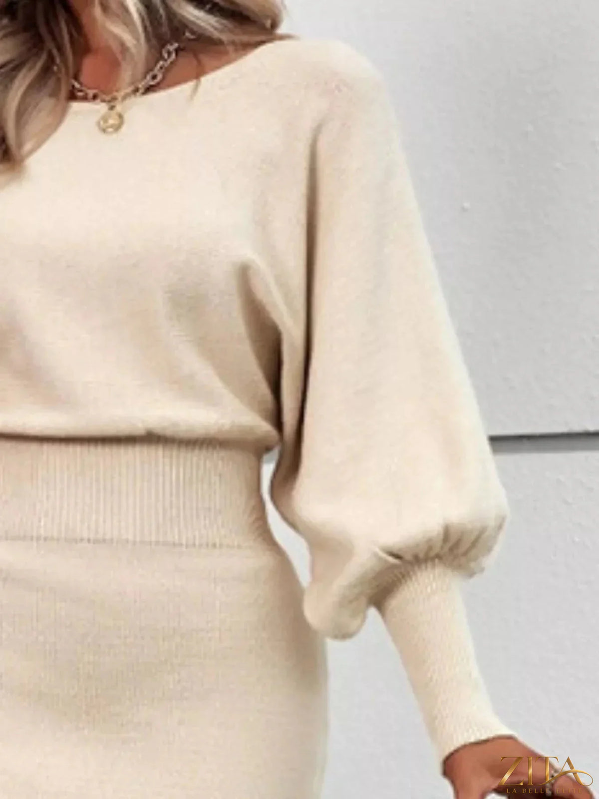 Zita La Belle Elite lantern sleeve bodycon sweater dress featuring fitted silhouette and stylish balloon sleeves.