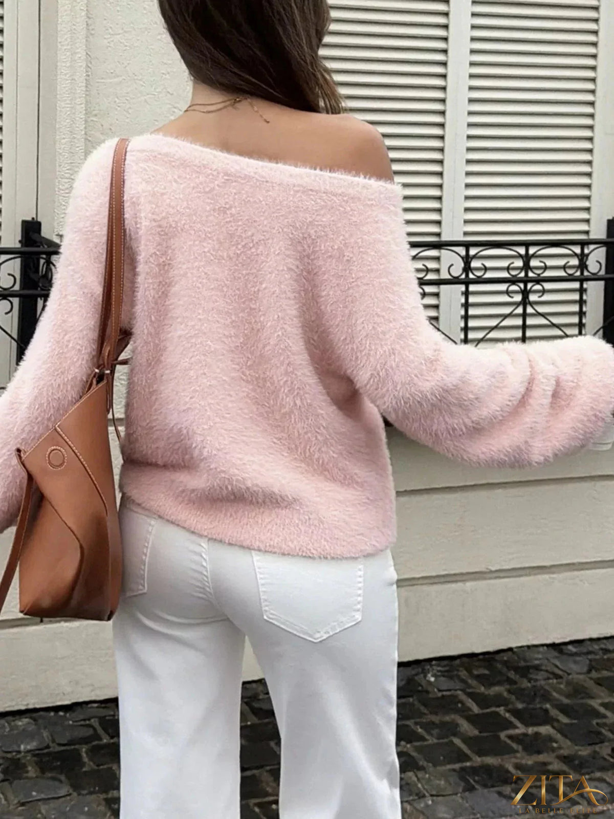 Fuzzy boat neck sweater by Zita La Belle Elite featuring soft, cozy fabric and a stylish boat neckline.