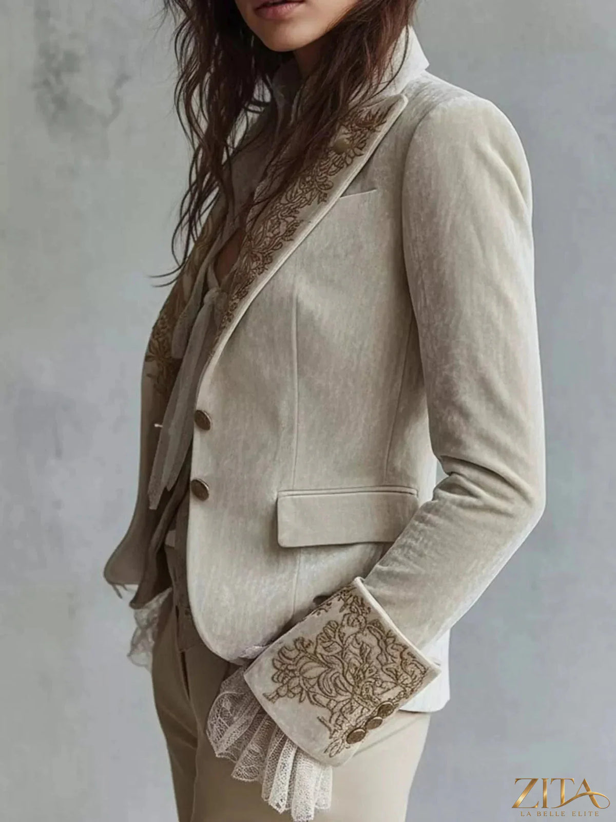 Zita La Belle Elite embroidered velvet long sleeve blazer in detailed front view