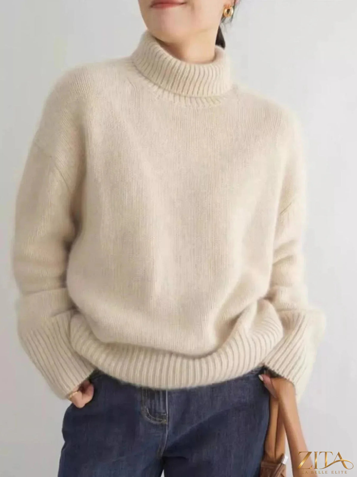 Zita La Belle Elite turtleneck dropped shoulder sweater in soft knit, featuring a cozy fit and stylish design.