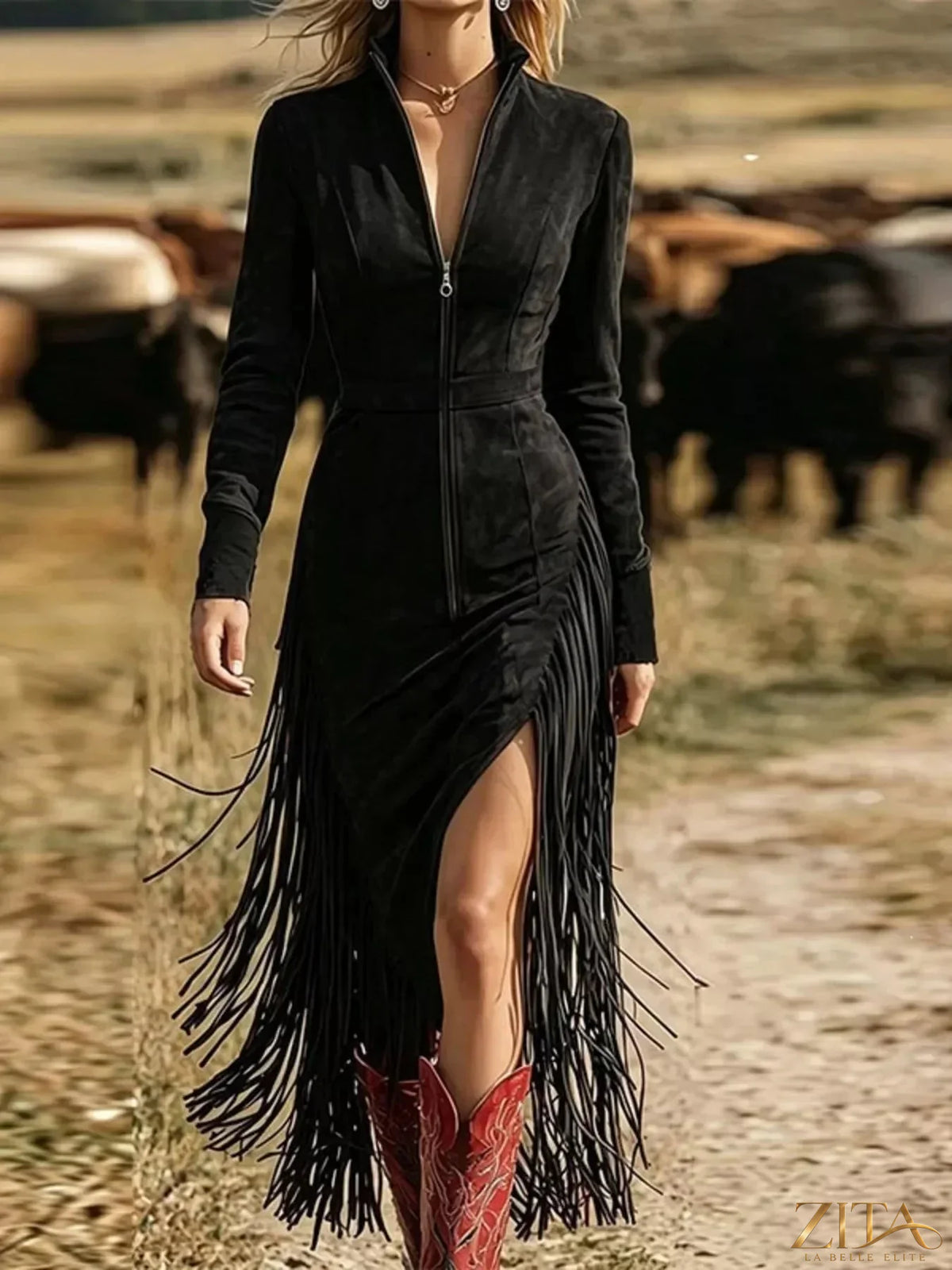 Fringe zip-front midi dress by Trendsi featuring a stylish design with fringe details and a front zipper, perfect for trendy occasions.