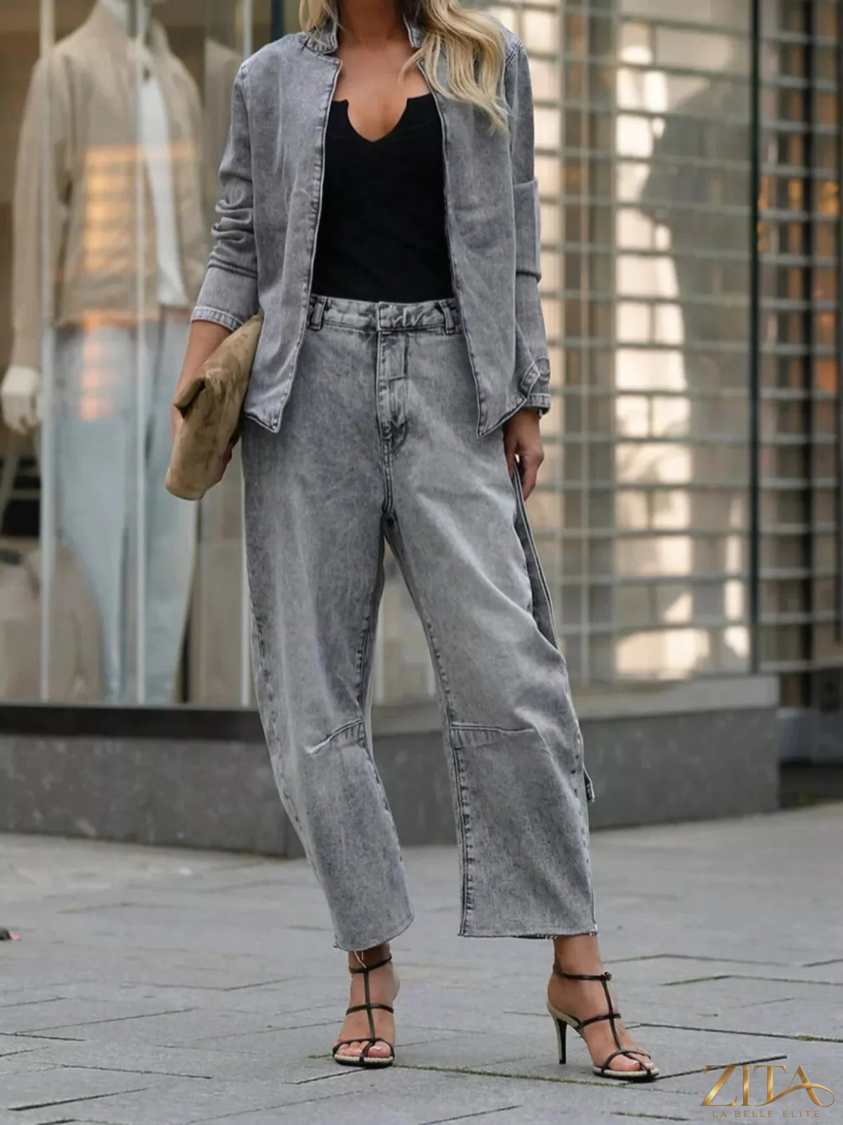 Zita La Belle Elite long sleeve top paired with wide-leg denim jeans, showcasing a stylish casual outfit.