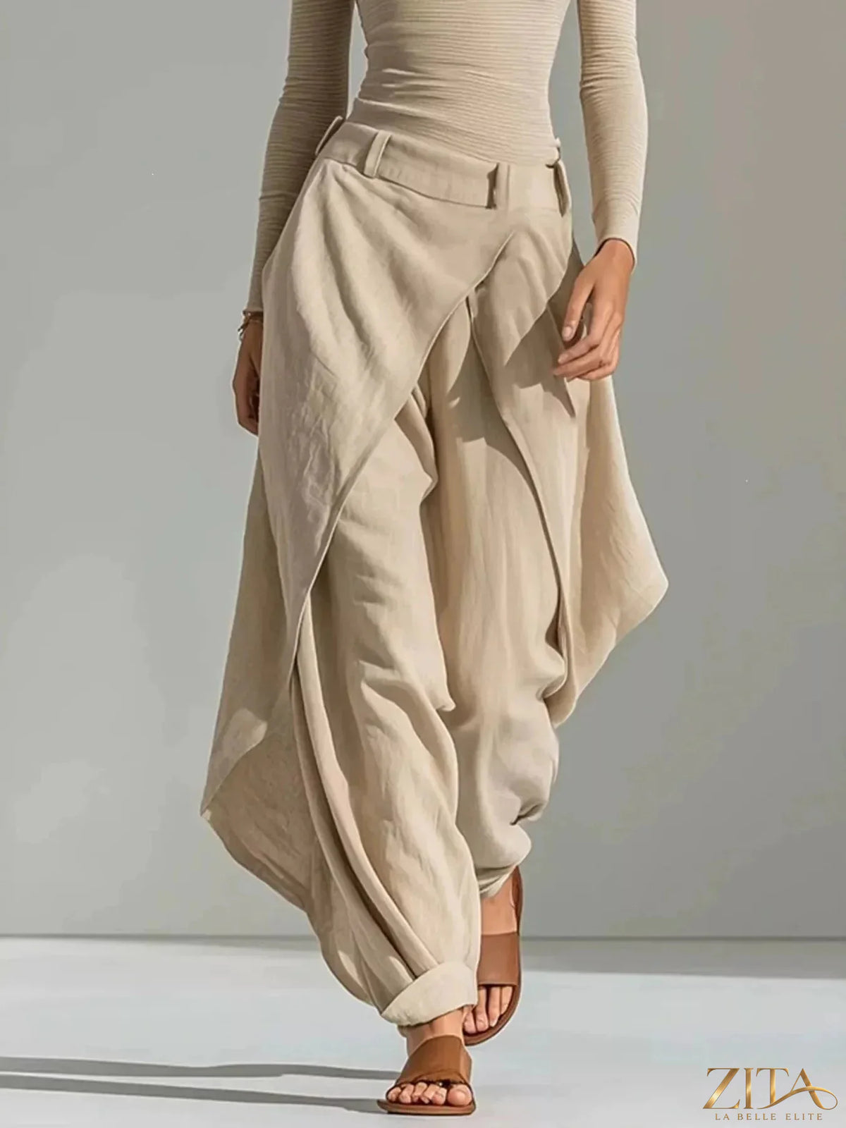 Zita La Belle Elite boat neck long sleeve top and wrap-front wide-leg pant set, stylish and comfortable women's clothing ensemble.
